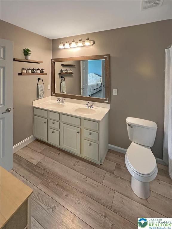 20 Gold Rose Ln, Palmer Twp, PA 18045 - bathroom with wood tiled floors, double vanity, and connected bathroom
