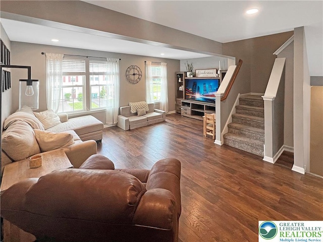 20 Gold Rose Ln, Palmer Twp, PA 18045 - living area featuring dark wood finished floors, stairway, and recessed lighting