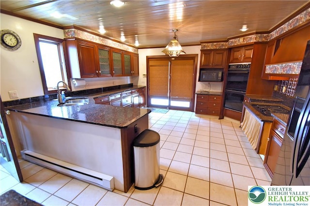 107 N Schanck Ave, Pen Argyl Boro, PA 18072 - kitchen featuring a baseboard heating unit, black appliances, a peninsula, ornamental molding, and light tile patterned floors