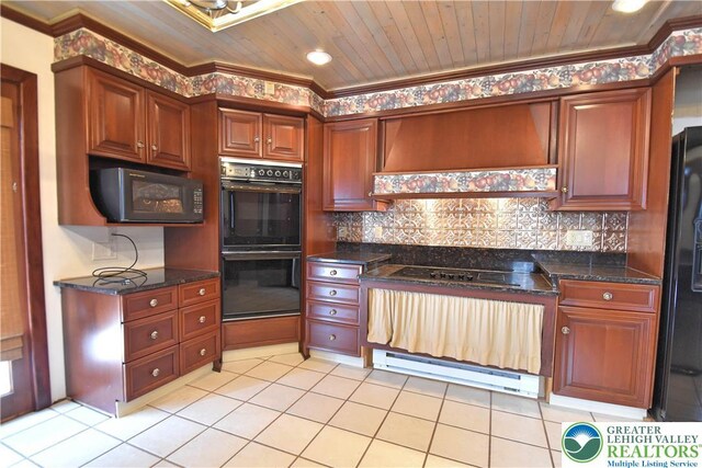 107 N Schanck Ave, Pen Argyl Boro, PA 18072 - kitchen featuring black appliances, tasteful backsplash, light tile patterned floors, dark stone countertops, and ornamental molding