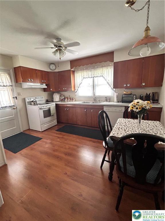 2653 Woodlawn Ave, Palmer Twp, PA 18045 - kitchen with white appliances, light countertops, wood finished floors, ceiling fan, and under cabinet range hood