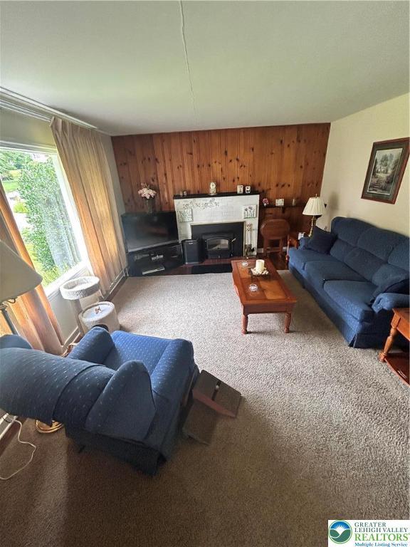 2653 Woodlawn Ave, Palmer Twp, PA 18045 - living area featuring wooden walls, carpet flooring, and a glass covered fireplace