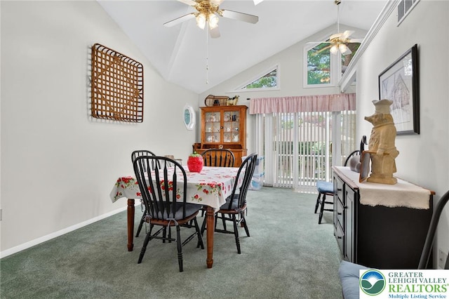 56 Hearthstone Dr, Exeter Twp, PA 19606 - carpeted dining area featuring ceiling fan and high vaulted ceiling