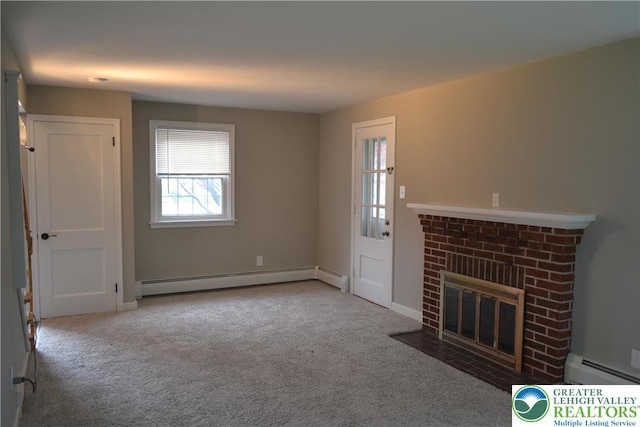 1424 Westgate Dr, Hanover Twp, PA 18017 - unfurnished living room featuring carpet floors, a baseboard radiator, and a fireplace