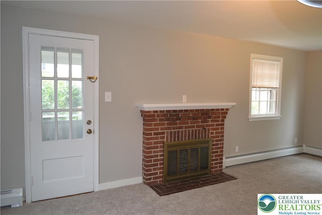 1424 Westgate Dr, Hanover Twp, PA 18017 - unfurnished living room with carpet flooring, a baseboard radiator, and a brick fireplace