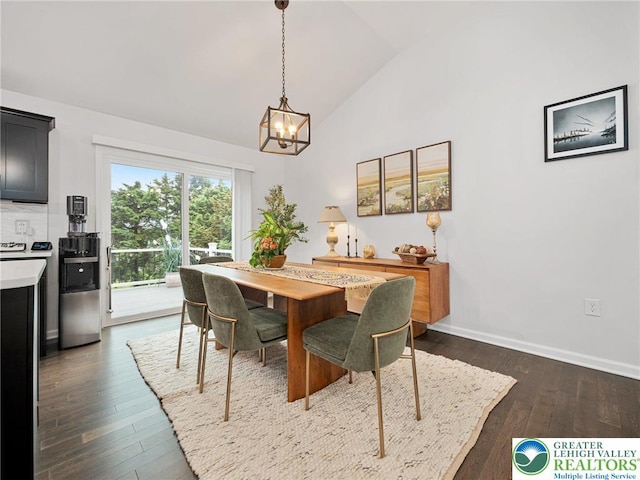 317 Fairview Ave, Wind Gap Boro, PA 18091 - dining space with a chandelier, dark wood-style flooring, and high vaulted ceiling