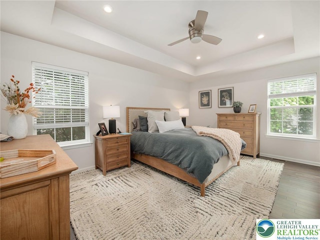 317 Fairview Ave, Wind Gap Boro, PA 18091 - bedroom featuring a tray ceiling, light wood finished floors, recessed lighting, and a ceiling fan