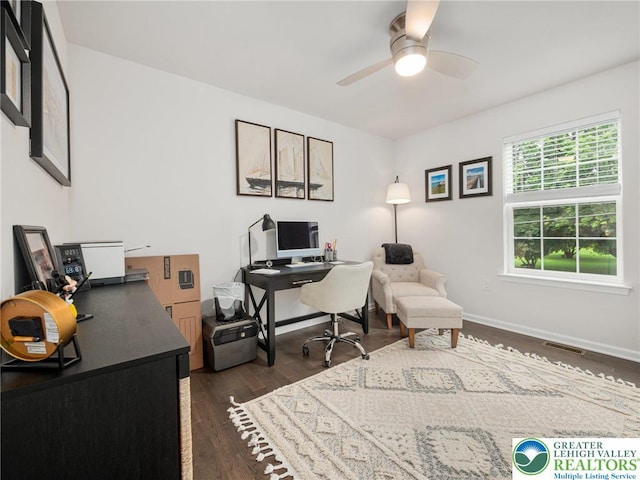 317 Fairview Ave, Wind Gap Boro, PA 18091 - office area featuring a ceiling fan and dark wood-style flooring