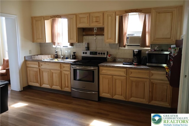 1533 E Emmaus, Salisbury Twp, PA 18103 - kitchen featuring appliances with stainless steel finishes, tasteful backsplash, dark wood-style floors, and light brown cabinets
