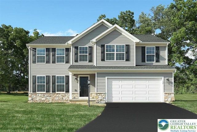 Bambi Ln Lot 40, Mahoning Twp, PA 18235 - view of front of home featuring a garage, driveway, stone siding, and a front lawn