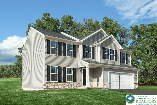 Bambi Ln Lot 40, Mahoning Twp, PA 18235 - view of front of property featuring a garage, stone siding, a front lawn, and asphalt driveway
