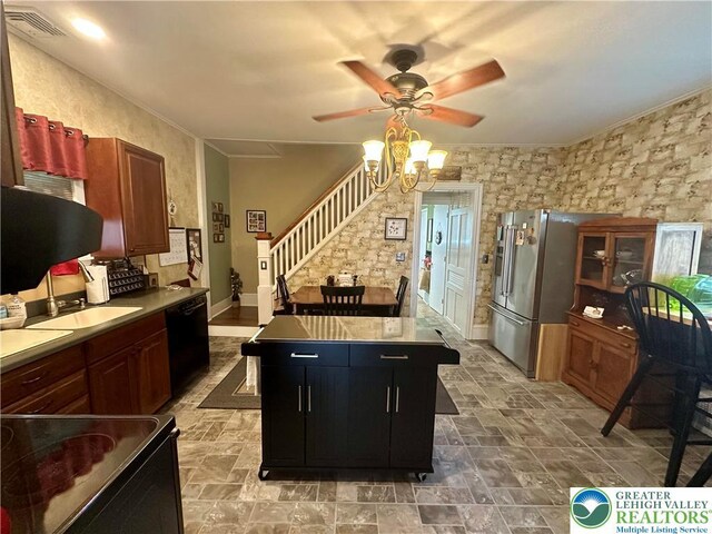 218 3rd, Lehighton Boro, PA 18235 - kitchen featuring black appliances, ceiling fan, a kitchen island, and stone finish floors