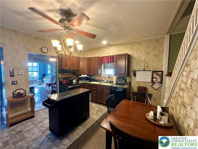 218 3rd, Lehighton Boro, PA 18235 - kitchen with a ceiling fan, a kitchen island, plenty of natural light, electric range, and ornamental molding