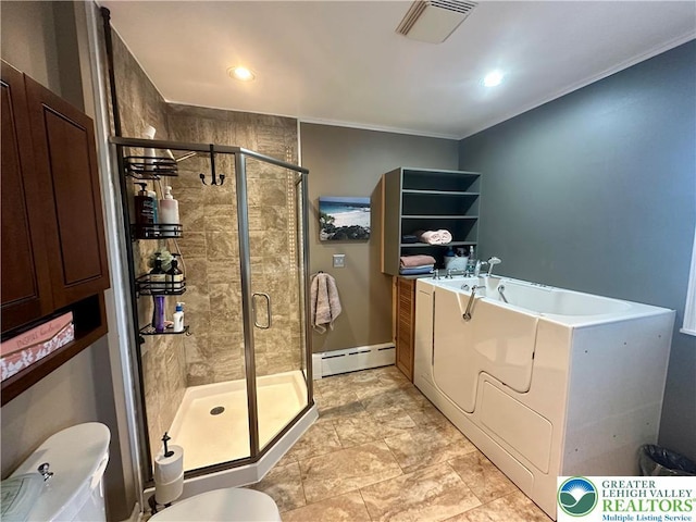 218 3rd, Lehighton Boro, PA 18235 - bathroom with a bath, washing machine and dryer, a baseboard heating unit, a shower stall, and ornamental molding