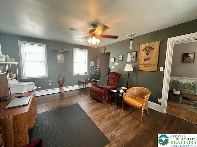 218 3rd, Lehighton Boro, PA 18235 - living area with a ceiling fan, a baseboard radiator, and dark wood finished floors