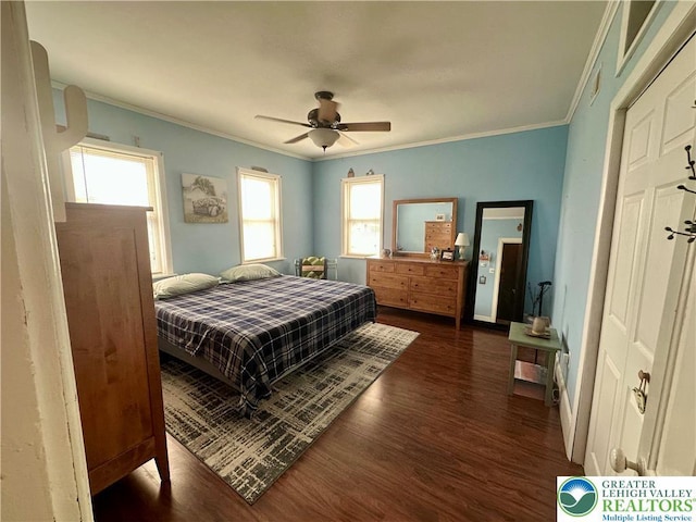 218 3rd, Lehighton Boro, PA 18235 - bedroom featuring ornamental molding, dark wood finished floors, and ceiling fan