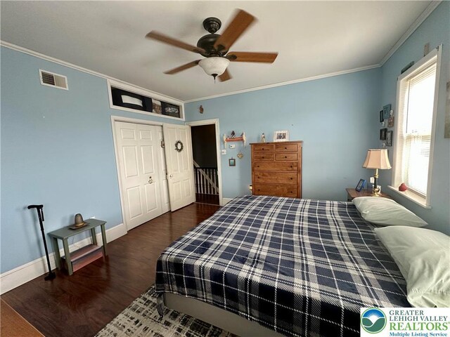 218 3rd, Lehighton Boro, PA 18235 - bedroom with crown molding, dark wood-style floors, and a ceiling fan