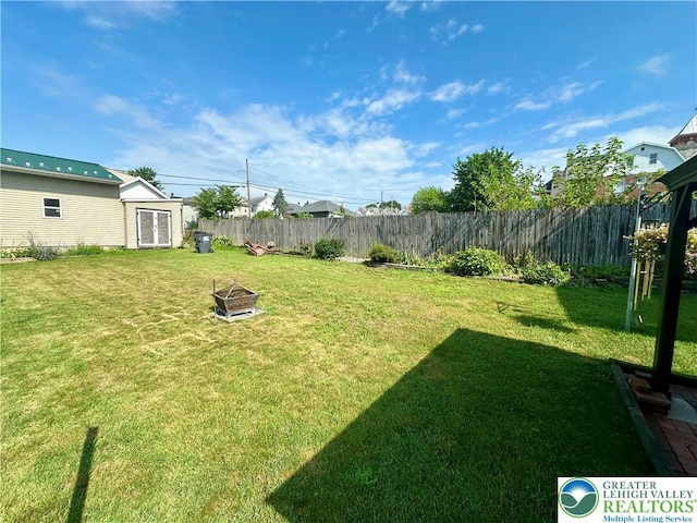 218 3rd, Lehighton Boro, PA 18235 - fenced backyard with an outdoor fire pit and a storage unit