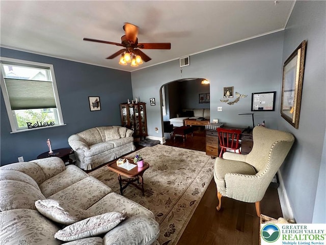 218 3rd, Lehighton Boro, PA 18235 - living area with arched walkways, wood finished floors, and a ceiling fan