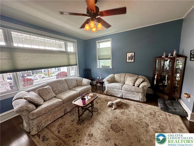 218 3rd, Lehighton Boro, PA 18235 - living area featuring wood finished floors, a ceiling fan, and ornamental molding