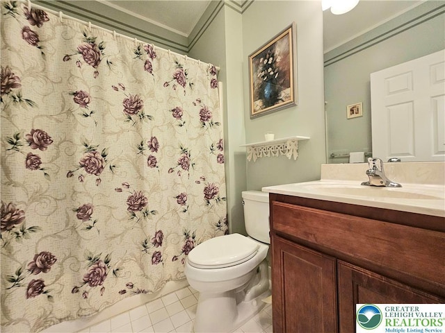 15 Devonshire Dr, Palmer Twp, PA 18045 - full bathroom with ornamental molding, vanity, tile patterned floors, and curtained shower