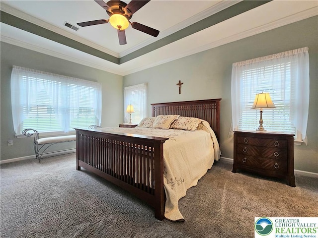 15 Devonshire Dr, Palmer Twp, PA 18045 - bedroom featuring carpet floors, crown molding, a raised ceiling, and a ceiling fan