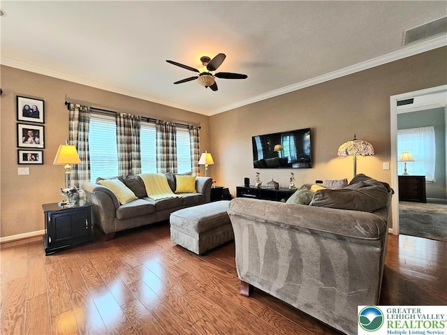15 Devonshire Dr, Palmer Twp, PA 18045 - living room featuring ceiling fan, wood finished floors, ornamental molding, and healthy amount of natural light