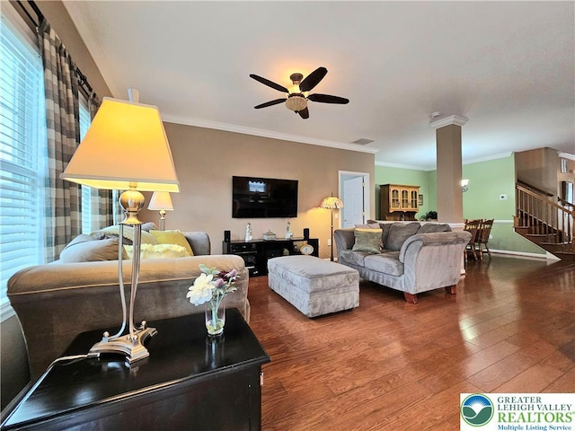 15 Devonshire Dr, Palmer Twp, PA 18045 - living area with ceiling fan, ornamental molding, wood finished floors, ornate columns, and stairs