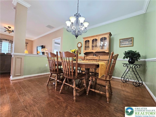 15 Devonshire Dr, Palmer Twp, PA 18045 - dining area with a chandelier, dark wood-style floors, ornamental molding, and ceiling fan