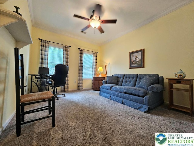 15 Devonshire Dr, Palmer Twp, PA 18045 - living room featuring crown molding, carpet flooring, ceiling fan, and an office area