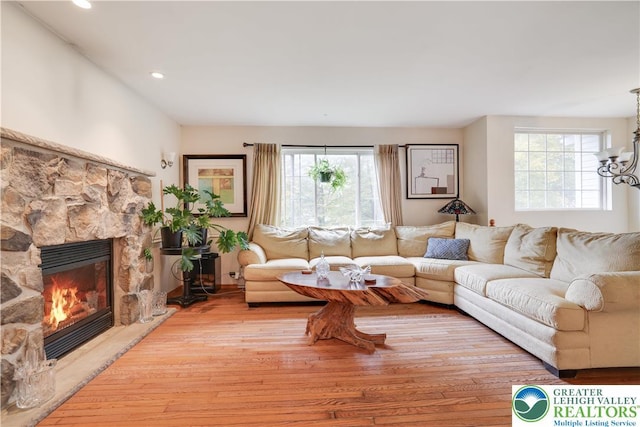 303 Lakefield Ter, Jackson Twp, PA 18360 - living room featuring hardwood / wood-style flooring, a fireplace, and recessed lighting