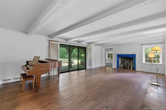 living room with baseboard heating, dark hardwood / wood-style floors, and beamed ceiling