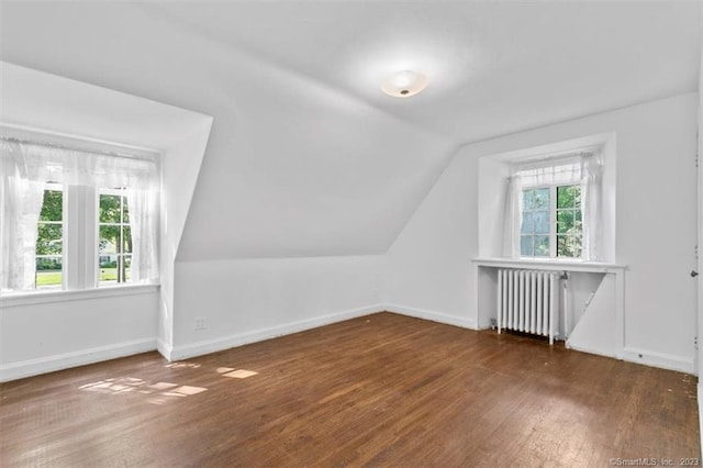 bonus room featuring radiator heating unit, plenty of natural light, and dark hardwood / wood-style flooring