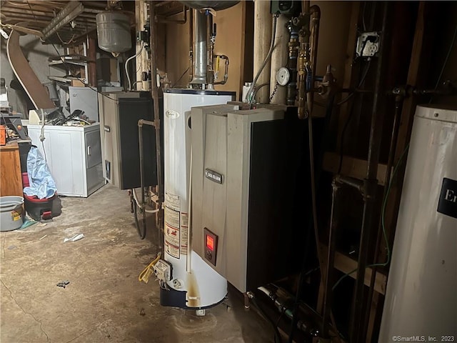 utility room with water heater and separate washer and dryer