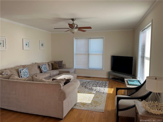 living room featuring ceiling fan, ornamental molding, and light hardwood / wood-style floors