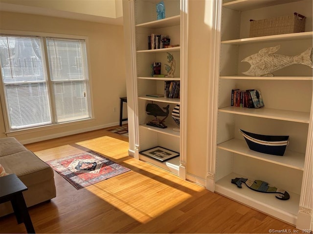 interior space featuring built in features and light hardwood / wood-style flooring