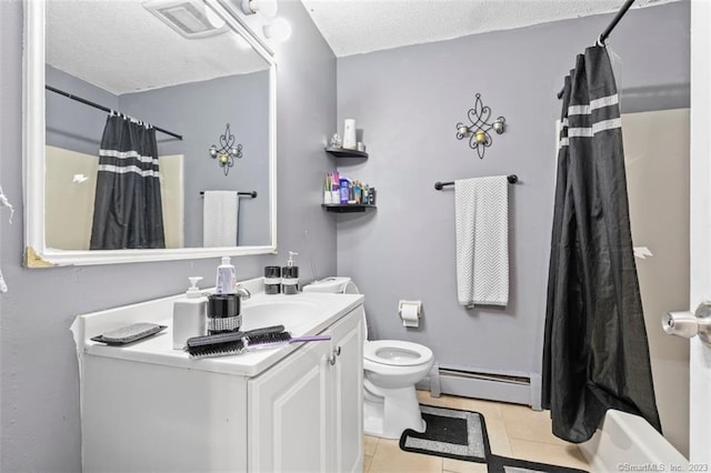 full bathroom with baseboard heating, tile flooring, toilet, vanity, and shower / bathtub combination with curtain