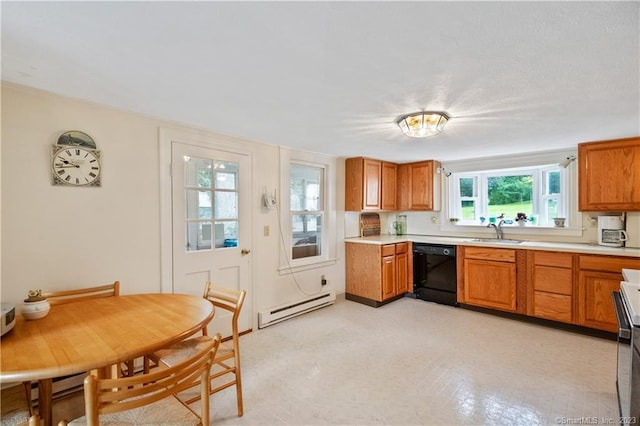 kitchen featuring light countertops, a sink, a baseboard heating unit, black dishwasher, and brown cabinetry