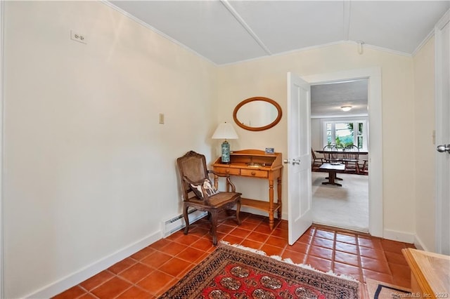 corridor with vaulted ceiling, baseboards, a baseboard radiator, tile patterned flooring, and ornamental molding