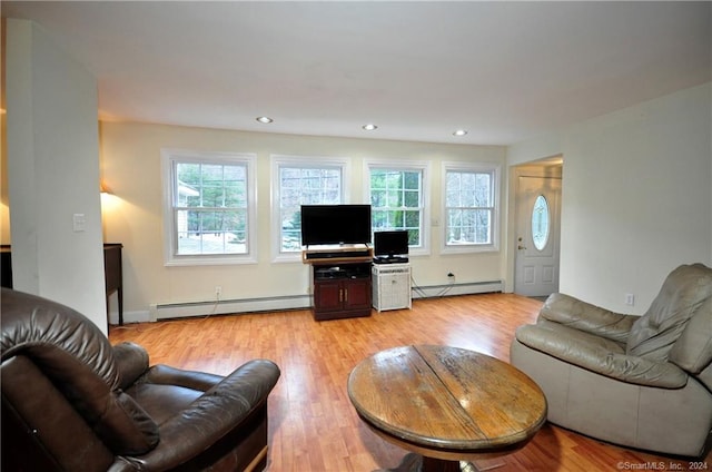 living room featuring light hardwood / wood-style flooring and a baseboard heating unit