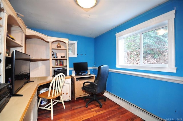 office featuring a baseboard radiator and hardwood / wood-style floors