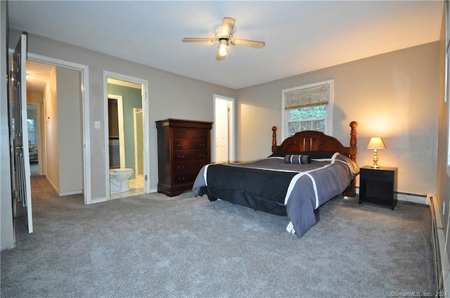 bedroom with carpet, ensuite bathroom, and ceiling fan