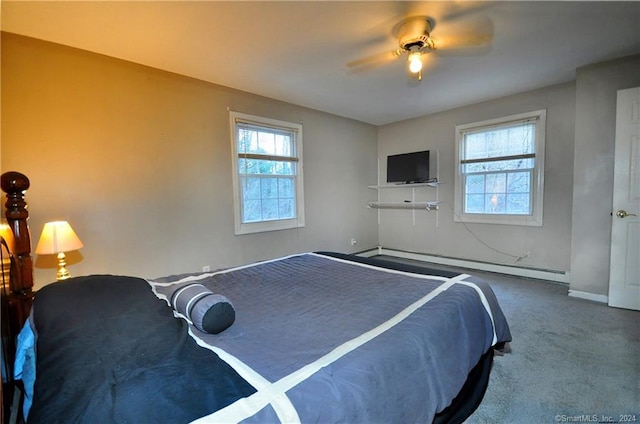 unfurnished bedroom featuring a baseboard radiator, ceiling fan, and carpet flooring