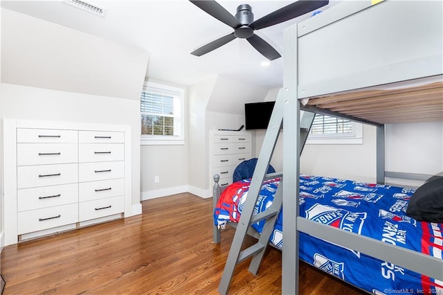 bedroom featuring ceiling fan and wood-type flooring