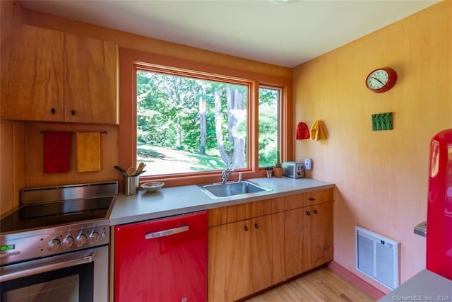 kitchen featuring plenty of natural light, stainless steel dishwasher, light hardwood / wood-style floors, and sink