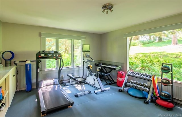 exercise room with a baseboard heating unit and plenty of natural light