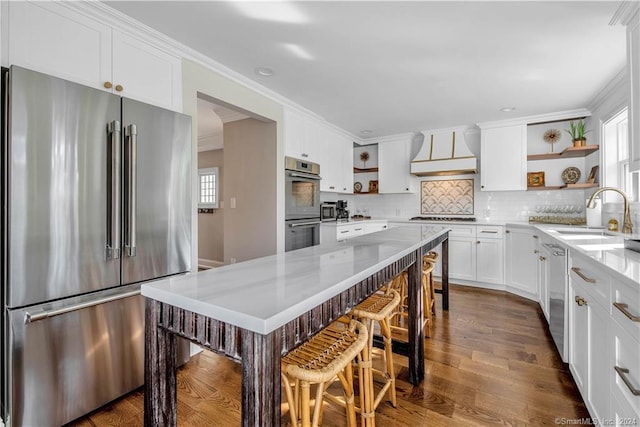 kitchen featuring dark wood-type flooring, appliances with stainless steel finishes, custom range hood, backsplash, and sink