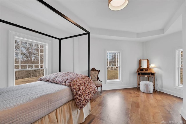 bedroom with light hardwood / wood-style flooring and multiple windows