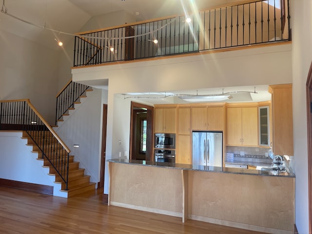 kitchen featuring appliances with stainless steel finishes, light wood-type flooring, and a towering ceiling