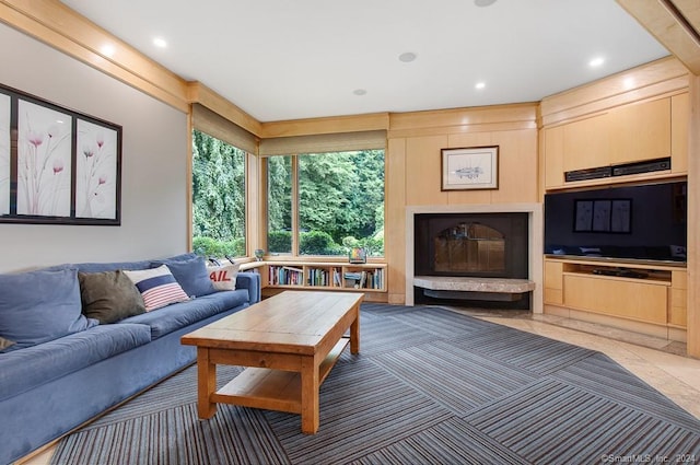 living room featuring dark tile floors